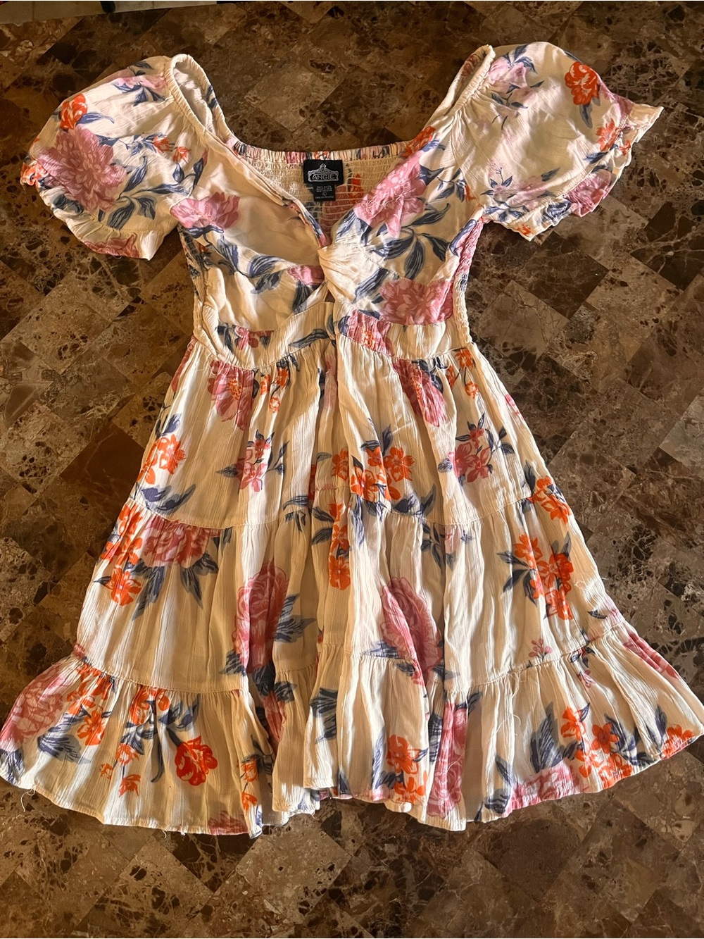 Angie Cream Floral Tiered Dress with Pink & Orange Blooms